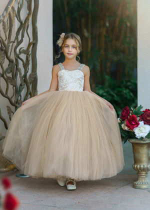 Beaded Straps Ivory Lace Champagne Tulle V Back Flower Girl Dress